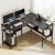 Artiss L-Shaped Computer Desk Black 128x108cm Home Office Table with Shelves, 15mm MDF, Ergonomic Riser, Storage