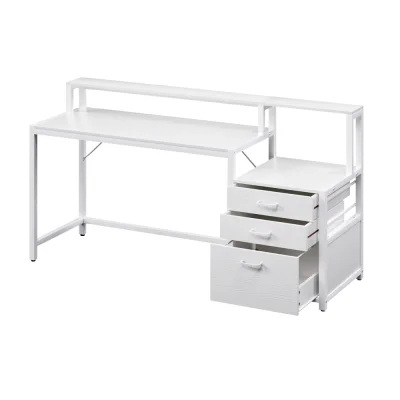 Artiss 160cm Computer Desk White MDF Home Office Table with Drawers, Open Shelf, Monitor Riser & Printer Space
