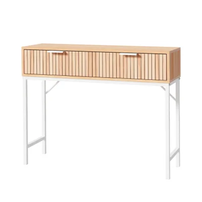Artiss Console Table, MDF Melamine, 92CM, Pine White - Fluted Design, 2 Drawers, Metal Legs, Easy Assembly