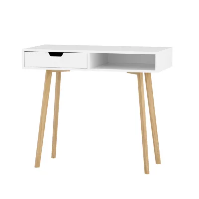 Artiss 90CM White Computer Desk - Scandinavian Style, Rubber Wood Legs, Drawer & Shelf, 15mm Particle Board