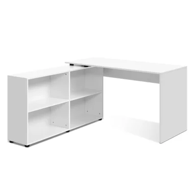 Artiss Computer Desk with Swivelling Bookshelf, Particle Board, White, 130cm, L-Shaped, Space-Saving Design
