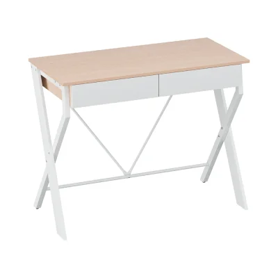 Artiss 100cm Computer Desk with Drawers – Oak Table Top, White Steel Frame, X-Brace, Engineered Wood, Home Office