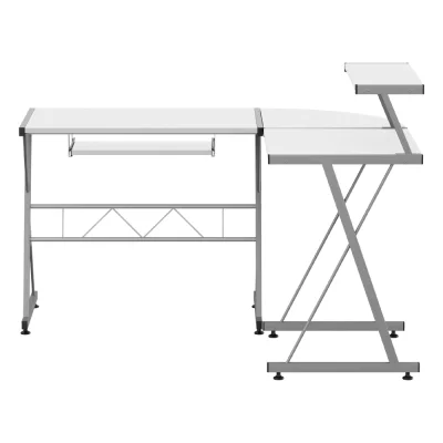 Artiss L-Shape Computer Desk White 134cm Particle Board, Steel Frame, Keyboard Tray, Top Shelf, Reversible Design