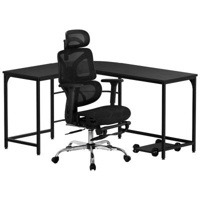 Artiss L-Shaped Computer Desk 147cm with Ergonomic Mesh Office Chair, Adjustable, Sturdy Steel Frame, Black Artiss L-Shaped Computer Desk 147cm with Ergonomic Mesh Office Chair, Adjustable, Sturdy Steel Frame, Black