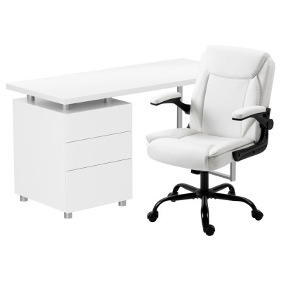 Artiss Computer Desk and Executive Office Chair Set White, 140cm, PU Leather, 3 Drawers, Height Adjustable, Study Home