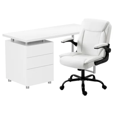 Artiss Computer Desk and Executive Office Chair Set White, 140cm, PU Leather, 3 Drawers, Height Adjustable, Study Home