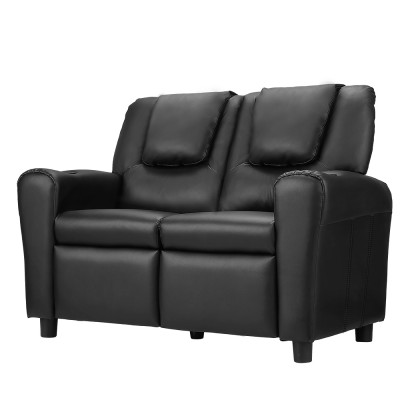 Keezi Kids Recliner Chair - Black PU Leather Sofa with Cup Holder, Adjustable Footrest, Solid Pinewood Frame, 95cm