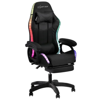 Artiss Gaming Office Chair Black - 12 RGB LED, 8-Point Massage, Recline 135°, PU Leather, Footrest, 150kg Capacity