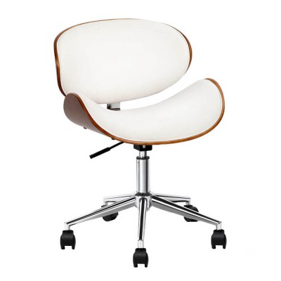 Artiss Wooden Office Chair White PU Leather Seat, Brown Frame, 360° Swivel, Height Adjustable, Retro Modern Design