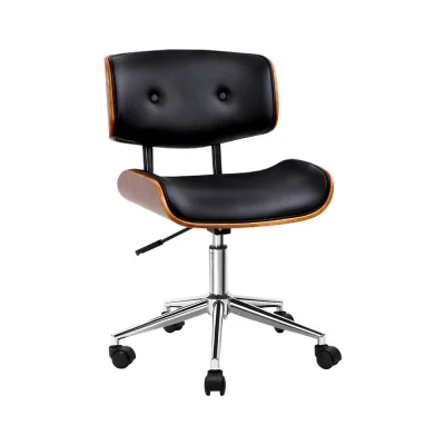 Artiss Wooden Office Chair with PU Leather Seat, Swivel, Height Adjustable, Black/Brown, 77-87cm, 3-Year Warranty