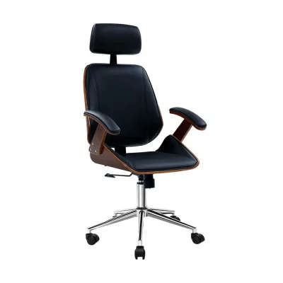 Artiss Wooden Office Chair, PU Leather Seat, Black, Adjustable, 360° Swivel, High Back, Chrome Base, Home Office