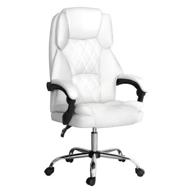 Artiss Executive Office Chair, PU Leather Recliner, High-Back, White, 67x67x126cm, Adjustable Comfort, Chrome Base