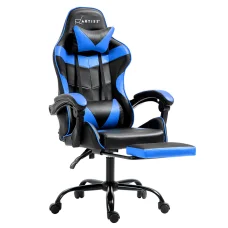 Artiss Gaming Office Chair Recliner with Footrest, Blue PVC Leather, 65x65x116-126cm - Ergonomic High-Back Comfort