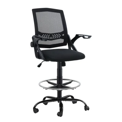 Artiss Black Mesh Drafting Stool - Ergonomic Office Chair with Adjustable Footrest, Flip-Up Armrests, 360° Rotation