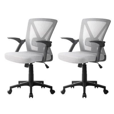 Artiss 2x Mesh Office Chair Mid Back Grey, Ergonomic Adjustable Lumbar, Flip-Up Arms, Breathable, 120kg Capacity