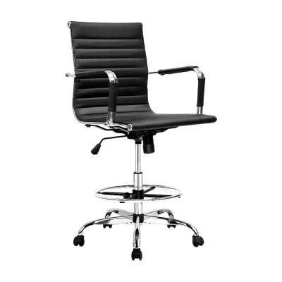 Artiss Black Leather Drafting Stool - Mid Back Office Chair with 360° Rotation, Adjustable Height & Chrome Footrest