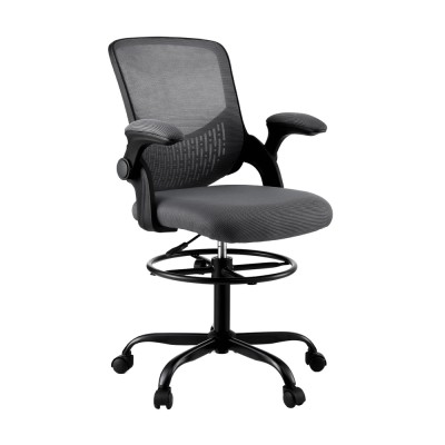 Artiss Mesh Drafting Office Chair Grey – Ergonomic Adjustable Stool with Flip-Up Arms, Footrest & Chrome Base