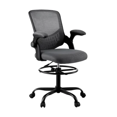 Artiss Mesh Drafting Office Chair Grey – Ergonomic Adjustable Stool with Flip-Up Arms, Footrest & Chrome Base