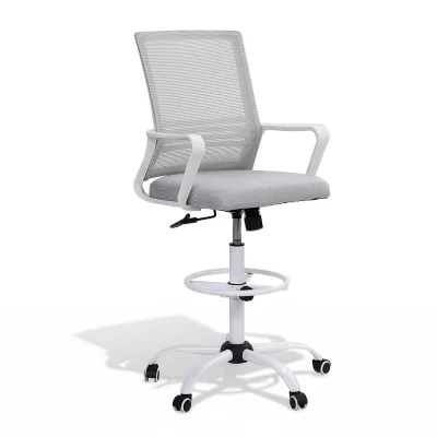 Artiss White Mesh Drafting Chair - Ergonomic Design, Adjustable Height, 360° Swivel, Chrome Base, for Office & Studio