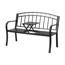 Gardeon Multi-functional Steel Garden Bench Loveseat with Foldable Table, Weather-Resistant, Black, 126cm