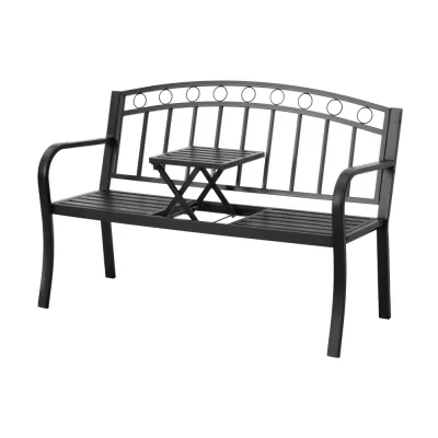 Gardeon Multi-functional Steel Garden Bench Loveseat with Foldable Table, Weather-Resistant, Black, 126cm