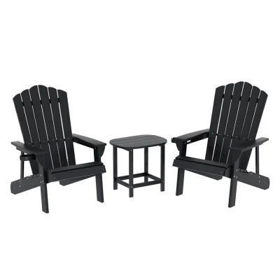 Gardeon 3-Piece Outdoor Adirondack Set Black—HDPE Weatherproof Chairs with Cup Holders & Side Table, 170kg Capacity