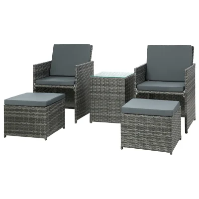 Gardeon 5PC Grey Wicker Bistro Set - Outdoor/Indoor Furniture with UV-Resistant PE Wicker & Aluminium Frame, 5mm Glass