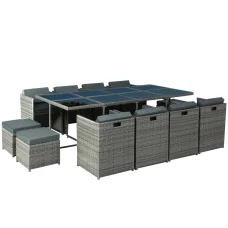 Gardeon 13-Piece Outdoor Dining Set, Wicker Table & Chairs, Seats 12, Grey, UV-Resistant PE Wicker, Tempered Glass Top