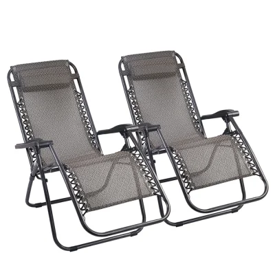 Gardeon 2PC Zero Gravity Chair Folding Outdoor Recliner with Adjustable Headrest, Steel Frame, Beige, 150kg Capacity