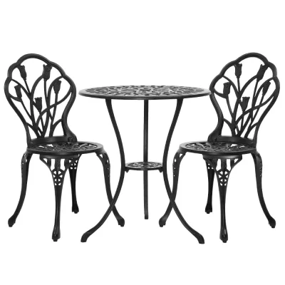 Gardeon 3PC Outdoor Bistro Set - Cast Aluminium Patio Furniture, Black, Weather-Resistant, Includes Chairs & Table