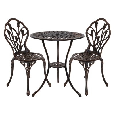 Gardeon 3PC Outdoor Bistro Set – Cast Aluminium Tulip Design, Weather-Resistant, Bronze Finish, with Parasol Hole