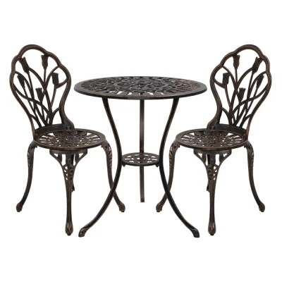 Gardeon 3PC Outdoor Bistro Set – Cast Aluminium Tulip Design, Weather-Resistant, Bronze Finish, with Parasol Hole