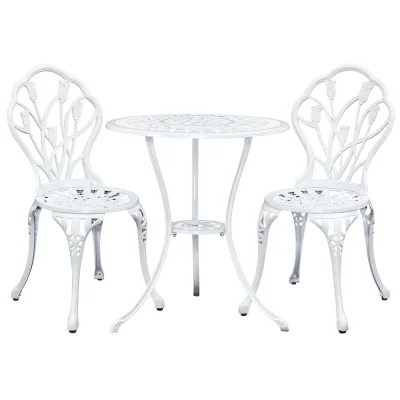 Gardeon 3PC Cast Aluminium Patio Bistro Set, Tulip White – Vintage Outdoor Furniture, Weather-Resistant, Easy Assembly