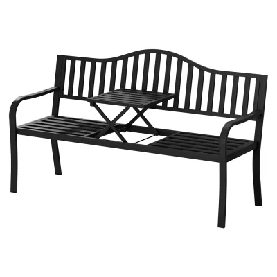 Gardeon Steel Garden Bench: 3-Seater, Foldable Table, Weather-Resistant, Black, 151cm x 54cm x 90cm, Easy Assembly