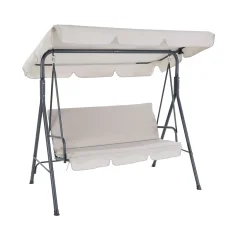 Gardeon 3-Seater Outdoor Swing Chair with Adjustable Canopy, Beige - Powder-Coated Steel Frame, Water-Resistant Cushions