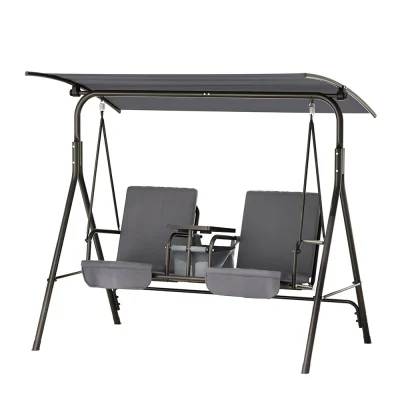 Gardeon Outdoor 2-Seater Swing Chair - Grey, Powder-Coated Steel, Adjustable Water-Resistant Canopy, Cup Holder