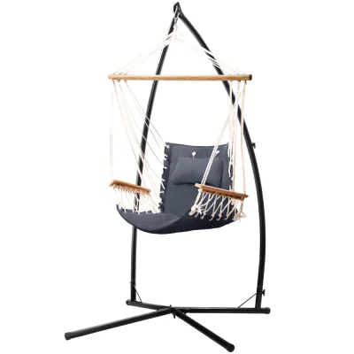 Gardeon Hammock Chair with Steel Stand, Polyester Cotton Blend, Grey, 100x60x138cm - Indoor/Outdoor Relaxation Furniture Gardeon Hammock Chair with Steel Stand, Polyester Cotton Blend, Grey, 100x60x138cm - Indoor/Outdoor Relaxation Furniture