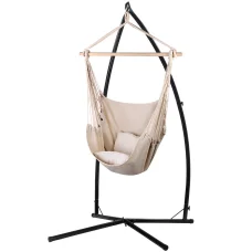 Gardeon Hammock Chair Outdoor Camping Set, Cream, Polyester Cotton, 180kg Capacity, Steel Stand, Indoor/Outdoor Use