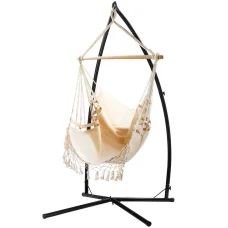 Gardeon Hammock Chair with Steel Stand, Polyester Cotton, 150x90cm, Cream, Outdoor/Indoor, Durable & Easy Install