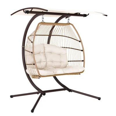 Gardeon Outdoor Double Egg Swing Chair, Handcrafted Wicker Pod with Canopy, 2-Seater, UV-Resistant, Latte Finish