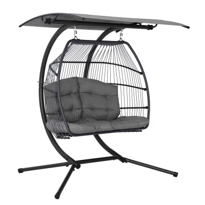Gardeon Double Hanging Egg Swing Chair with Canopy, Hand-Woven Wicker, Steel Frame, 2-Seater, UV Resistant, Grey Gardeon Double Hanging Egg Swing Chair with Canopy, Hand-Woven Wicker, Steel Frame, 2-Seater, UV Resistant, Grey