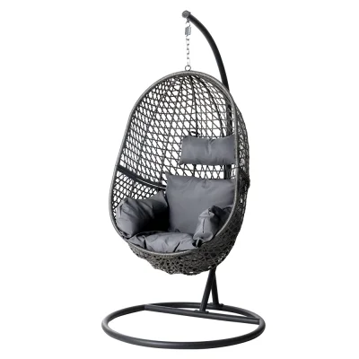 Gardeon Outdoor Egg Swing Chair - Black Wicker Rattan Pod with Stand, 360° Rotatable, 150kg Capacity, Removable Cushion