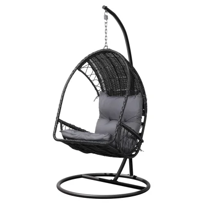 Gardeon Outdoor Wicker Egg Swing Chair with Stand, Anti-Rust Frame, Black, 150kg Capacity, All-Weather Design