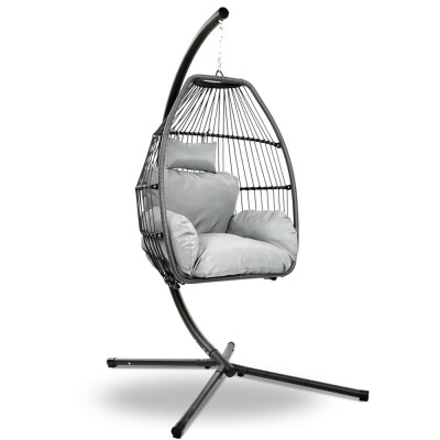 Gardeon Outdoor Hanging Egg Swing Chair, Handcrafted UV-Resistant Wicker, 360° Rotation, Grey Cushion, 150kg Capacity