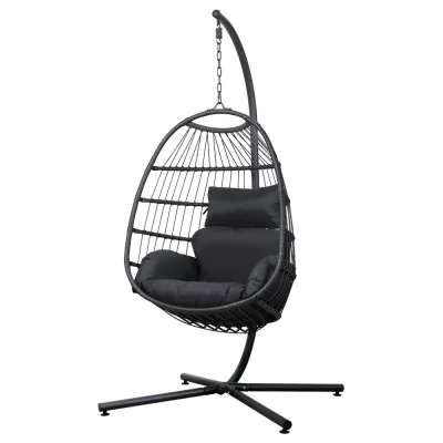 Gardeon Outdoor Egg Swing Chair - Grey Resin Wicker, 195cm Anti-Rust Frame, Plush Cushions, Foldable Pod Stand Included