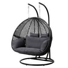 Gardeon 2-Person Outdoor Hanging Egg Chair, Handwoven Wicker, Grey, UV-Resistant, 240kg Capacity, Soft Cushions
