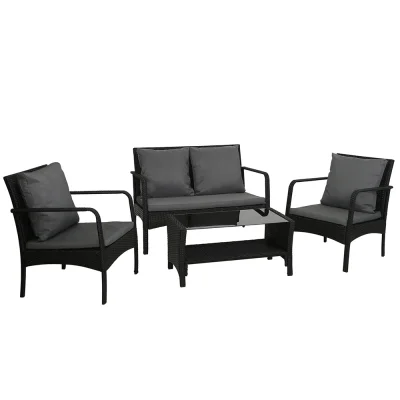 Gardeon 4-Piece Rattan Outdoor Sofa Set with UV-Resistant Wicker, Steel Frame, Cushions, and Tempered Glass Table