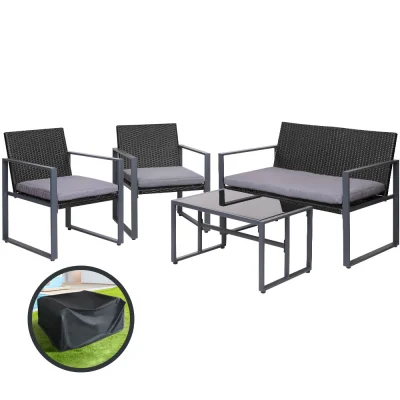 Gardeon 4-Piece Black Rattan Outdoor Sofa Set with Storage Cover, Tempered Glass Table, and Washable Cushions