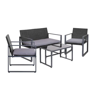Gardeon 4-Piece Outdoor Rattan Sofa Set with Glass Table - UV-Resistant, Washable Cushions, Black, Easy Assembly