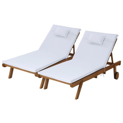 Gardeon 2x Wooden Sun Lounger with Wheels - Adjustable Fir Wood Day Bed, UV-Resistant, White Cushions, 195cm x 68cm x Gardeon 2x Wooden Sun Lounger with Wheels - Adjustable Fir Wood Day Bed, UV-Resistant, White Cushions, 195cm x 68cm x